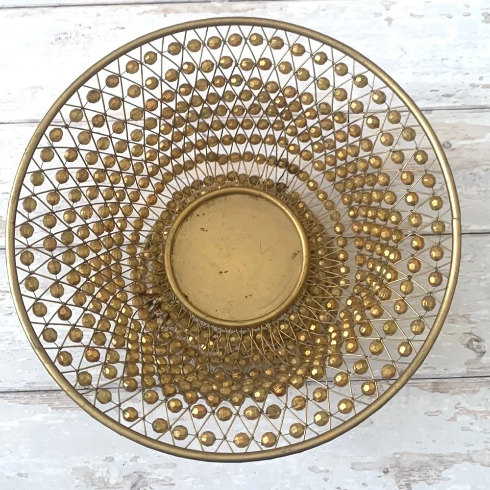 Gold Beaded Decorative Bowl Vase Home Decor Centerpiece 10in Wide x 7in Tall